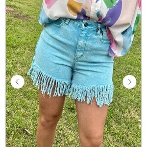 NWT Lucky & Blessed Jade Green Mineral Wash High-Rise Cowgirl Shorts with Fringe